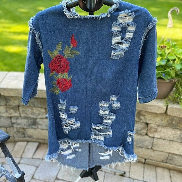 THRILL Denim Embroidered Distressed High-Low Mini Dress Size L - Picture 10 of 11